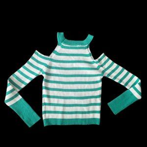 Teal and White Striped Cold-Shoulder Sweater